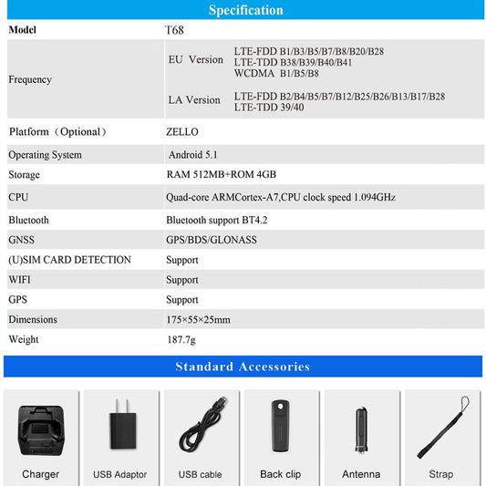 ANYSECU T68 Android 5.1 4G Network Radio With WIFI GPS POC Radio