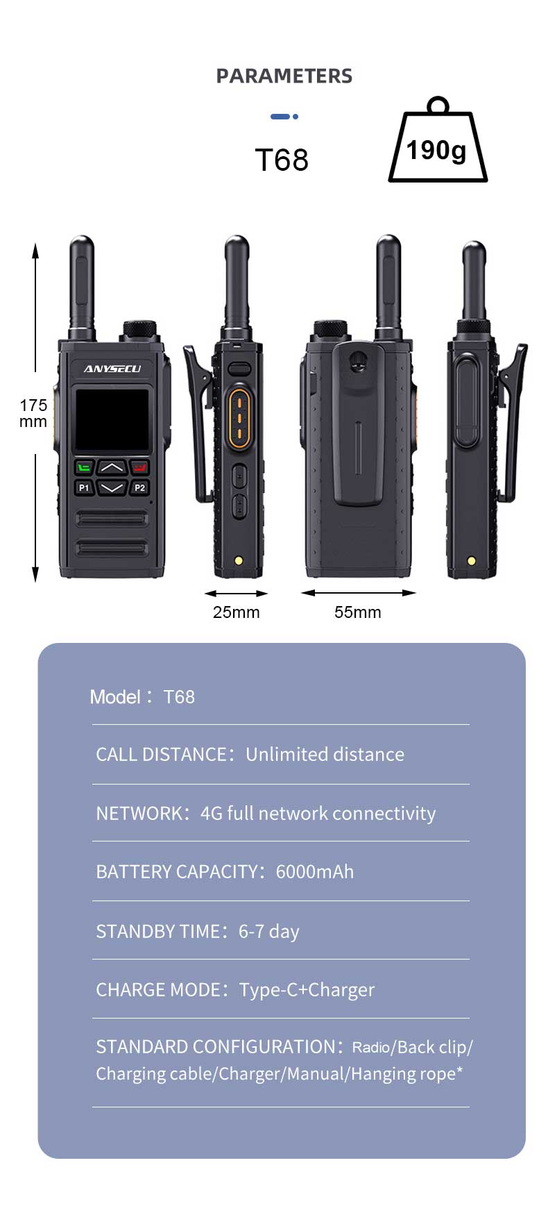 ANYSECU T68 Android 5.1 4G Network Radio With WIFI GPS POC Radio